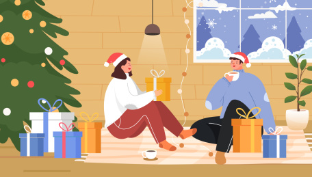 卡通圣诞节平安夜朋友一起庆祝背景插画