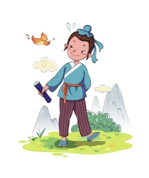 远山草地背景上的中国古代男孩和小鸟