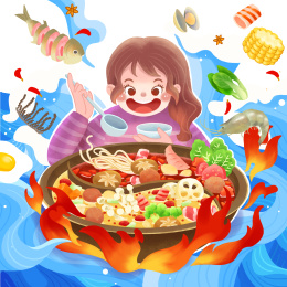 火锅女孩插画