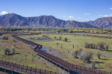 中国西藏日喀则的山脉湿地草原风光
