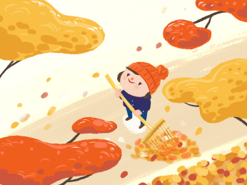 秋天树枝下扫落叶的孩子插图手绘