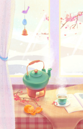 冬天室内阳台飘窗温馨热茶飘雪梅花读书场景