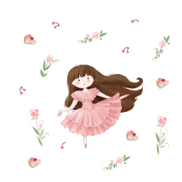 可爱水彩手绘卡通粉红女孩与甜品插图