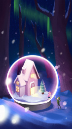 冬天小雪节气黑夜发光的水晶球童话里的小人在极光之夜见面