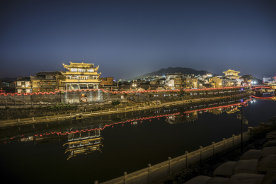 福建省龙岩市长汀古镇夜景风光