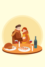 卡通手绘感恩节情人节吃火鸡烛光晚餐创意卡通插画