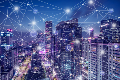 广州现代建筑智慧城市天际线，互联网5G高速发展，人工智能大数据概念