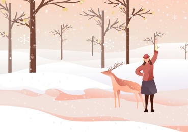 卡通手绘唯美冬天少女与鹿插画