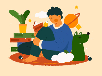 阅读书籍的男孩与狗，矢量扁平概念插画