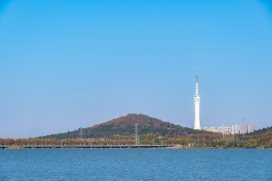 晴天下中国安徽省蚌埠市龙子湖公园对岸的公园蚌埠电视塔风光