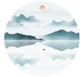 圆形蓝色意境水墨山水装饰画