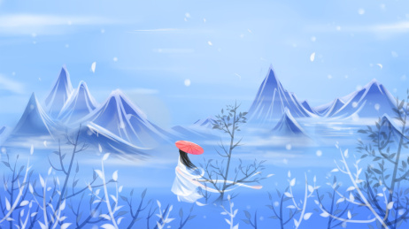 蓝色的冰天雪地中少女举着一把红伞，唯美卡通冬季美景，浪漫古风插画