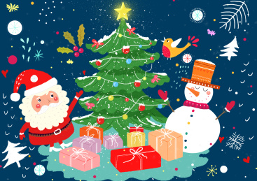 被圣诞老人与雪人，礼物围绕的圣诞树