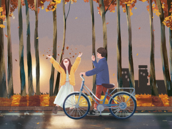 秋日情侣散步爱情插画