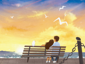 夕阳男女情侣看海