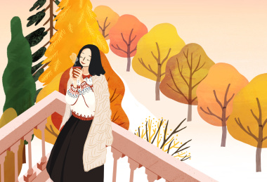 秋天阳台上喝咖啡的女孩插图手绘