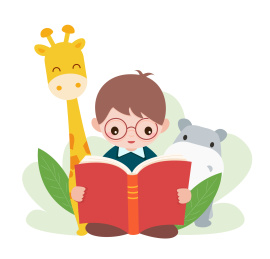 跟小动物们一起认真看书的小孩