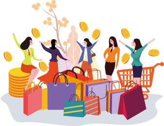 矢量女性购物插画，白色的背景女孩在讨论买东西