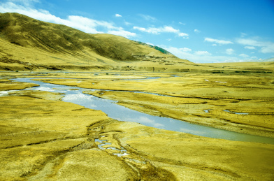 中国西藏自治区那曲地区秋季牧场上的河流