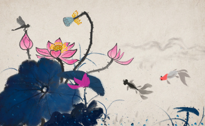 意境悠远的荷花金鱼水墨画