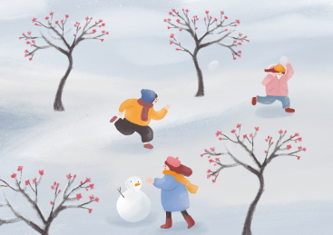 冬天儿童在雪地中打雪仗、堆雪人的插画