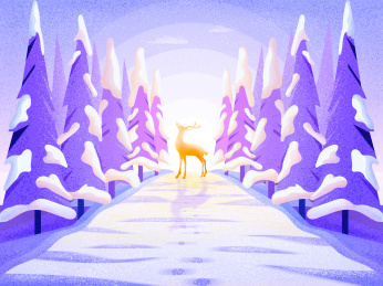 一只在雪地里松树林里停留在山路仰望的小麋鹿