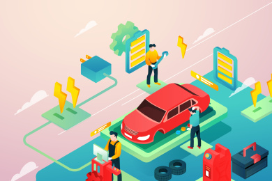 卡通2.5D汽车维修保养活动充电矢量背景插画