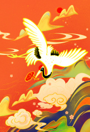 春节国潮风吉祥插画仙鹤山水祥云
