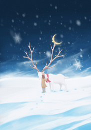 二十四节气小寒冬天女孩和鹿