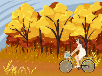 一位骑着自行车在林荫道上的女孩