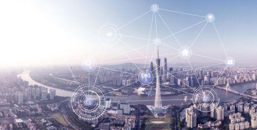 广州现代建筑城市风光，智慧城市互联网5G高速发展，人工智能大数据概念视图