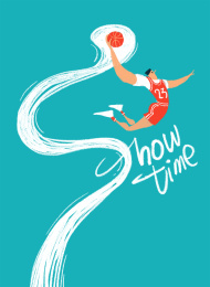 穿红色球服的篮球运动员飞到空中准备扣篮的动作 插画