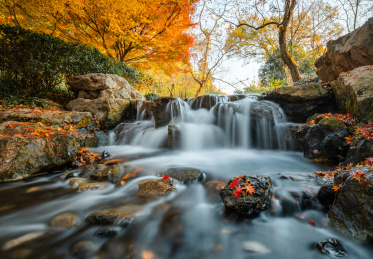 秋天里长时间曝光的水流和前景的岩石
