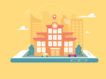 在手机上面的医院和城市建筑群矢量插画