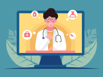 医生正在电脑视频讲话矢量扁平插画