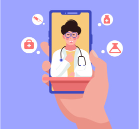 手持手机和医生视频矢量扁平插画