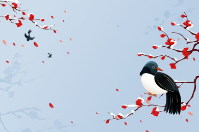 卡通鸟栖息在树枝上冬季背景矢量插画