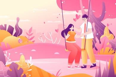 卡通清新七夕情人节情侣荡秋千背景矢量插画