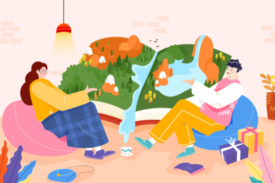 卡通在线教育课程学生读书学习矢量背景插画