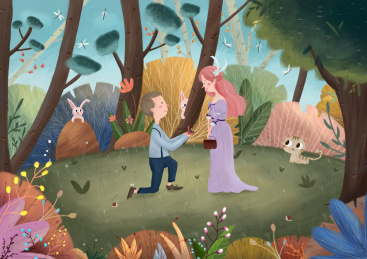 儿童插画男孩在树林里向女孩求婚