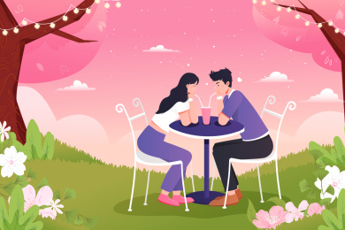 卡通清新七夕情人节情侣约会矢量背景插画