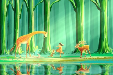 女孩和小动物欢快的在森林中玩耍