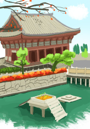 蓝天绿水红房子