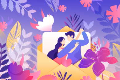 卡通清新情人节浪漫情侣约会背景矢量插画