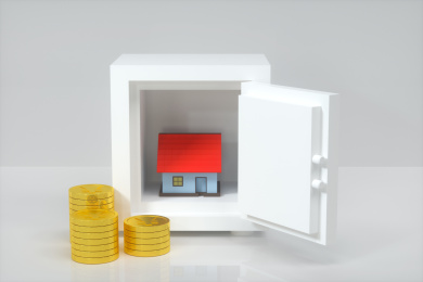 保险箱内的房屋模型与金币 三维渲染