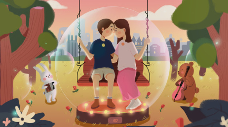 坐在水晶球里亲昵的情侣