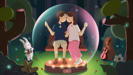 坐在水晶球里亲昵的情侣