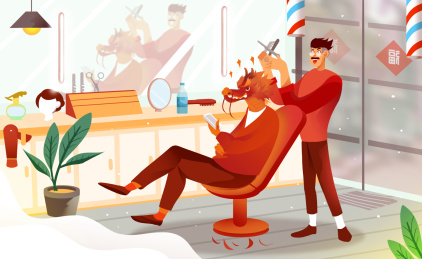 男子给龙理发剃头创意插画