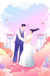 卡通清新白色情人节浪漫情侣背景矢量插画