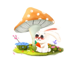 小兔子在蘑菇底下拿着萝卜